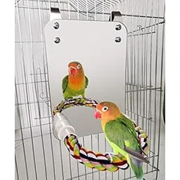 KUTKUT 17cm Bird Mirror with Rope Perch Cockatiel Mirror for Cage Bird Toys Swing Parrot Cage Toys for Parakeet Cockatoo Cockatiel Conure Lovebirds Finch Canaries-image-3