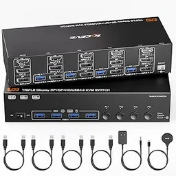KVM Switch 3 Monitors 4 Computers 8K@60Hz 4K@144Hz,HDMI +2 Displayport Triple Monitor KVM Switch with 4 USB Ports for Keyboard Mouse,Power Adapter, Wired Remote and 4 USB Cables Included-image-37