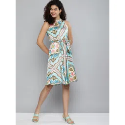 Kvsfab Blue & Pink Printed Satin Finish A-Line Dress with Belt-picture-30
