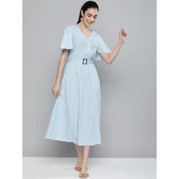 Kvsfab Blue Solid Accordion Pleats Crepe A-Line Midi Dress with Belt-picture-14