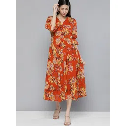 Kvsfab Orange Floral Georgette A-Line Dress-picture-36