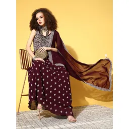 Kvsfab Women Maroon Ethnic Motifs Embroidered Ethnic A-Line Maxi Dress with Dupatta-picture-28