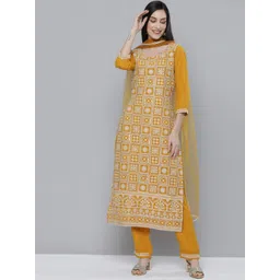 Kvsfab Women Mustard Yellow Ethnic Motifs Embroidered Kurta with Trousers & With Dupatta-picture-19
