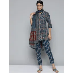 Kvsfab Women Navy Blue Ethnic Motifs Printed Thread Work Pure Cotton Top with Trousers-picture-39