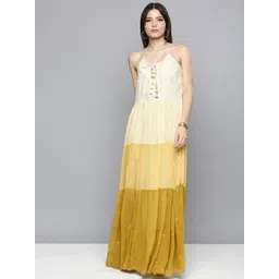 Kvsfab Yellow & Cream-Coloured Embroidered Tie-Up Neck A-Line Maxi Dress-image-35