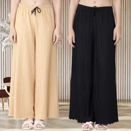 kwsh Pack of 2 Women Regular Fit Cream, Black Viscose Rayon Trousers-picture-15