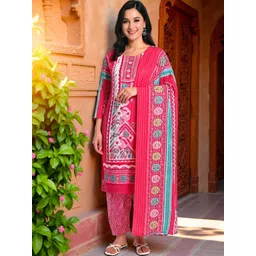 KYVO Ethnic Motifs Printed Thread Work Straight Kurta With Trousers & Dupatta-picture-13