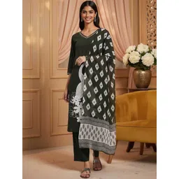 KYVO Women Ethnic Motifs Printed Regular Thread Work Pure Cotton Kurta with Trousers & With Dupatta-picture-20