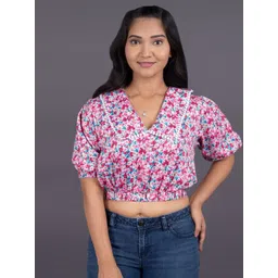 La Aimee Floral Print Peter Pan Collar Crepe Blouson Crop Top-picture-14