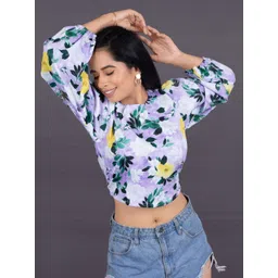 La Aimee Floral Print Puff Sleeve Crepe Blouson Crop Top-picture-20