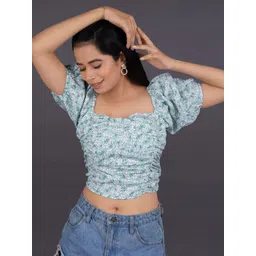 La Aimee Floral Print Puff Sleeve Crepe Blouson Crop Top-picture-30