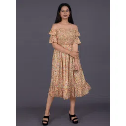 La Aimee Floral Printed Off-Shoulder Smocked Fit & Flare Midi Dress-picture-15