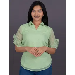 La Aimee Women Shirt Collar Ruffles Sleeve Georgette Top-picture-17