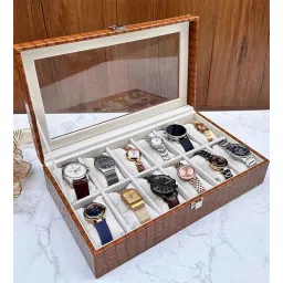 la trove Brown 12 Slot Watch Display Box Case Organiser With Glass Top-picture-35