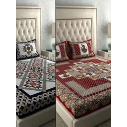 LA VERNE Navy Blue & Red Geometric 104 TC 2 Queen Bedsheet with 4 Pillow Covers-picture-11