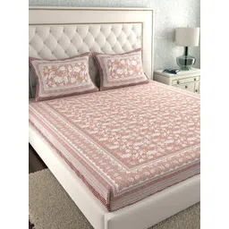 LA VERNE Peach & White Floral 140 TC Cotton King Bedsheet with 2 Pillow Covers-picture-19