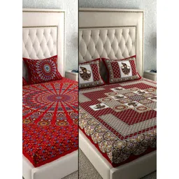 LA VERNE Red & Blue Geometric 104 TC 2 Queen Bedsheet with 4 Pillow Covers-picture-10