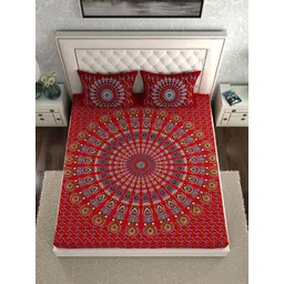 LA VERNE Red & Blue Geometric 144 TC Cotton Queen Bedsheet With 2 Pillow Covers image 1