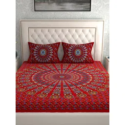 LA VERNE Red & Blue Geometric 144 TC Cotton Queen Bedsheet With 2 Pillow Covers image 2