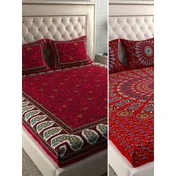 LA VERNE Red & Blue Graphic 104 TC 2 Queen Bedsheet with 4 Pillow Covers-picture-12