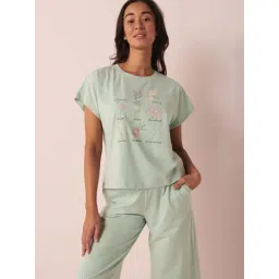 La Vie En Rose Green Cotton Printed T-Shirt-image-32