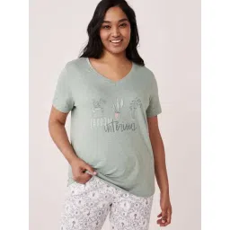 La Vie En Rose Green Cotton Printed T-Shirt-image-6