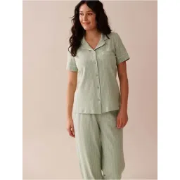 La Vie En Rose Green Cotton Regular Fit Striped Sleepwear Shirt-image-44