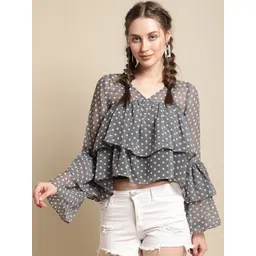 La Zoire Polka Dot Printed Bell Sleeves Layered Georgette Crop Top-picture-31