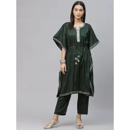 Laado - Pamper Yourself Women Green & Silver Striped Lurex Pleated Kaftan Kurta & Palazzos-picture-28
