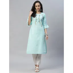 LAAKHI Women Blue & Mustard Yellow Pure Cotton Ethnic Motifs Printed Flared Sleeves Kurta-picture-24