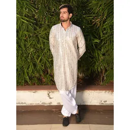 Laalzari Men Embroidered Mirror Work Georgette Pathani Kurta-picture-24