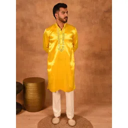 Laalzari Men Yellow Pure Gajji Silk Embroidered Straight Kurta-picture-26