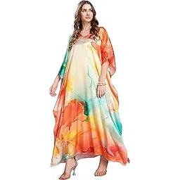 label aarna Soft Satin Kaftan with Digital Print and Hidden Adjustable Belt | Free Size [M-3XL] | Beach Dress | Summer Wear | Kaftan Dress for Women-picture-36