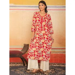 label adrija Pure Cotton V Neck Aari Work Floral Printed Straight Knee Length Kurti for Women's-picture-20