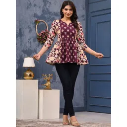 LABEL ADRIJA Women Purple & Beige Floral Printed Cotton Peplum Top-picture-38