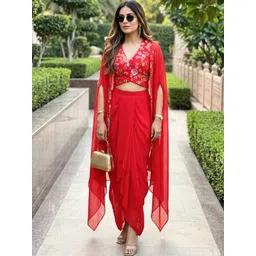 LABEL KANUPRIYA Embellished V-Neck Waistcoat Jacket & Skirt Co-Ords Set-picture-17