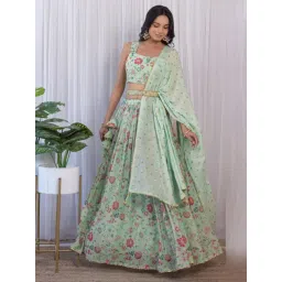 Label Kanupriya Sage Green Handwork Floral Printed Georgette Lehenga with Blouse and Dupatta-picture-7