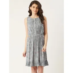 LABEL REGALIA Women Grey & Off-White Floral Print Pin-Tuck A-Line Dress-picture-22