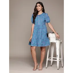 Label Ritu Kumar Blue Cotton Blend Floral Shift Short Dress-picture-41