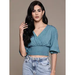 Label Ritu Kumar Blue Solid V-Neck Puff Sleeves Smocked Dobby Regular Crop Top-picture-32
