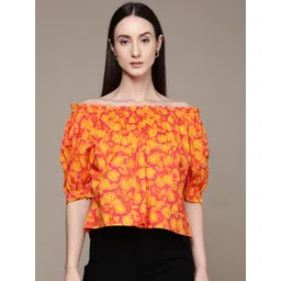 Label Ritu Kumar Floral Print Puff Sleeves Off-Shoulder Cotton Top-picture-37