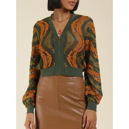 Label Ritu Kumar Green Lace Bomber Jacket image 4