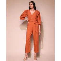 label ritu kumar Relaxed Fit Ruffle Jumpsuit with Waist Tie-Up-picture-46