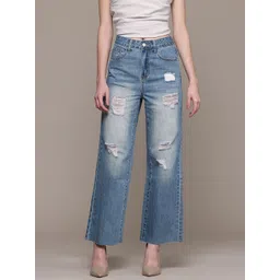 Label Ritu Kumar Women Jean Wide Leg Mildly Distressed Heavy Fade Stretchable Jeans-picture-10