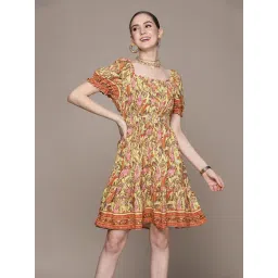 Label Ritu Kumar Yellow Rayon Botanic Print Fit & Flare Short Dress-picture-42