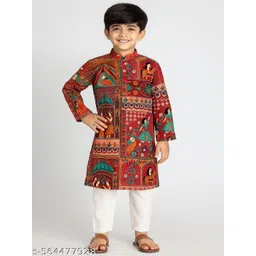 LABELZERO Kids-Unisex Red Cotton Blend Kurta Sets-picture-39