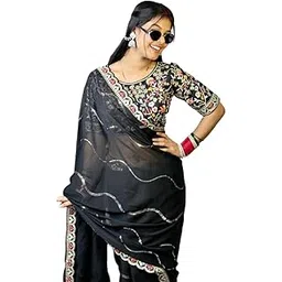 lachhu Women's Georgette Embroidered Saree with Floral Printed Blouse Piece | Black Scalloped Border Saree for Women-picture-23