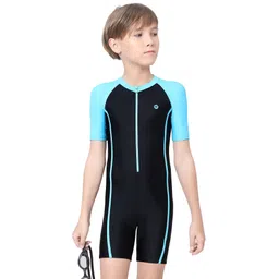 Colour Panel Front Zip Swimsuit with Contrast Sleeves Solid Men Swim-dress Black Swimsuit-image-1