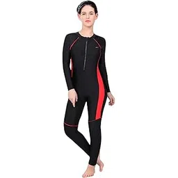 lactra Swimming Costume for Women Full Suit/one Piece Swimsuits for Women/Full Sleeves Swimsuit for Women's (Front Zip with Contrast Side Panel) - Black-picture-47