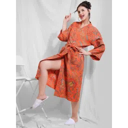 LacyLook Women Orange Printed Pure Cotton Bath Robe-picture-34